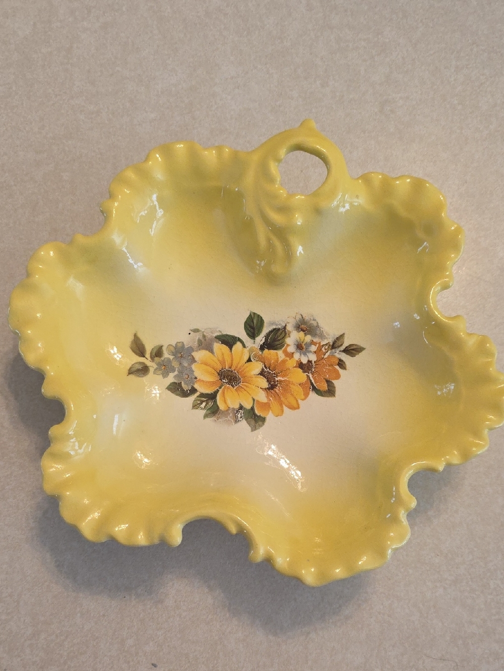 Vintage Yellow Floral Ceramic Decorative Dish with Scalloped Edge